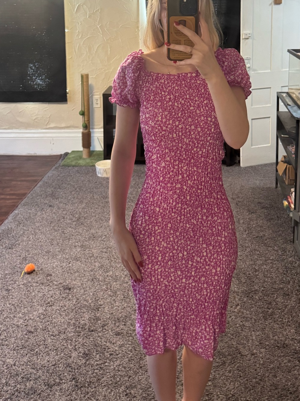 SHEIN Pink Floral Square-Neck Midi Dress with Puff Sleeves